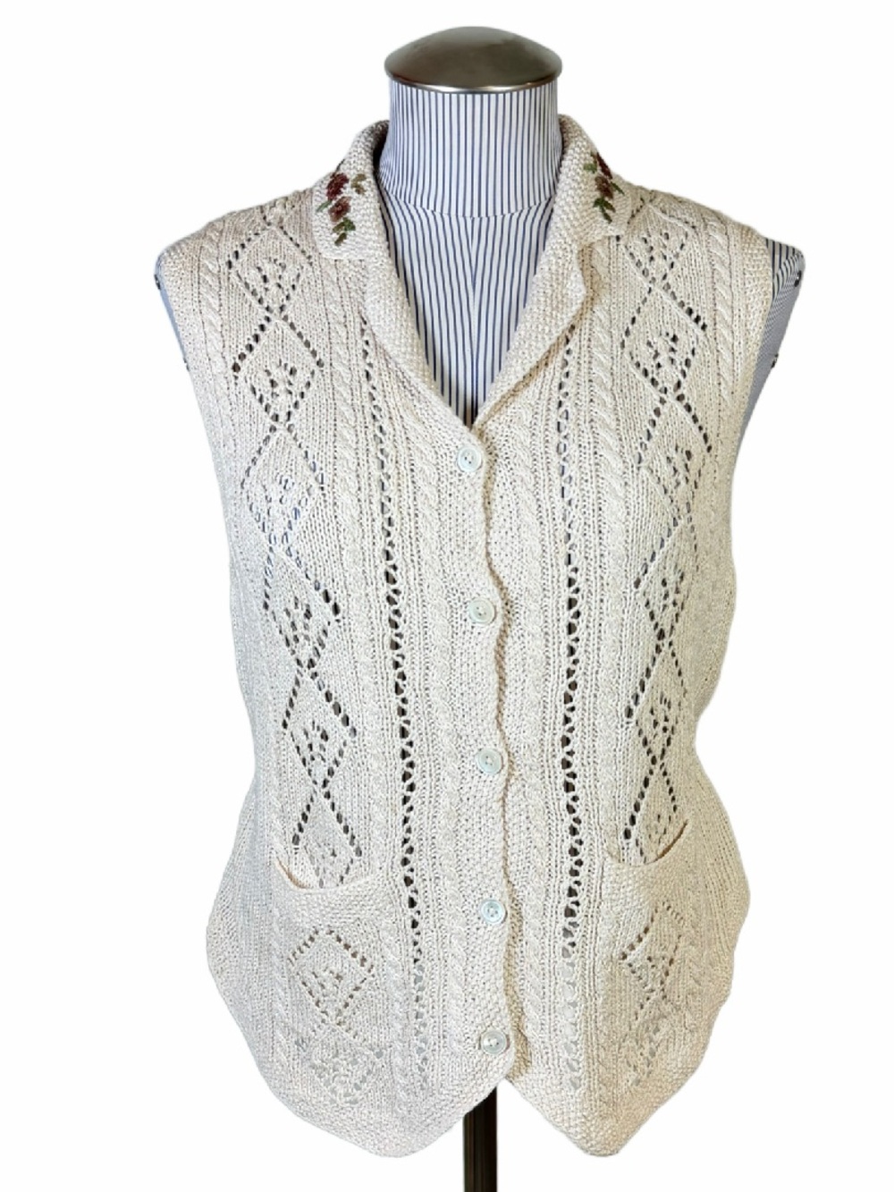 Vintage 90s Ralph Lauren Hand Knit Vest Linen Cotton PS Embroidered Cottagecore - Picture 2 of 13